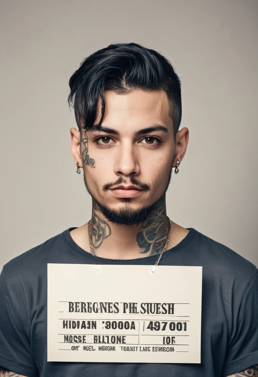 Mugshot of a young man with tattoos, posing confidently with a mugshot sign, looking sassy and smirking, criminal full body