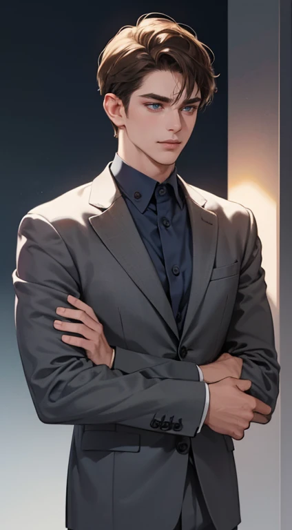 masterpiece, best quality, realistic, 1man, mature male, quiet and charming man, 30 years old, close his eyes, expression smile in love, serious look, extremely detailed face, ((dark grey blue eyes)), ((short-right-swept dark brown hair)), [thick eyebrows], detective, plain background, ((suit)), cinematic lighting, looking at the audience, posture dynamics