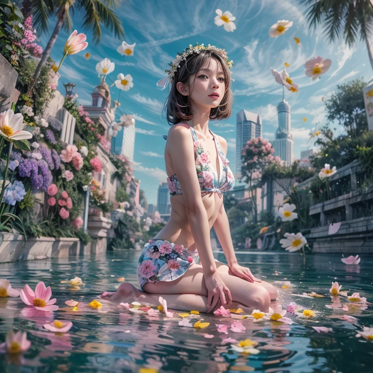 ExtremelyDetailed(ProfessionalPhoto of Girl Floating in the Sky:1.37), 280th floor infinity pool，The tallest building in the urban forest, {Around bonsai|Luo Han Song|coconut palms|tulips|Rose flower}, (Masterpiece 8K TopQuality:1.2), ExtremelyDetailed KAWAII face Eyes  BREAK   Detailed impeccable Radiant PearlSkin with Transparency (Skinny SchoolSwimwear:1.28) beautiful graceful {HiddenHand|Corrected BabyLikeHand} (Whole Body Proportions and all limbs are Anatomically Accurate), Full of Flowers