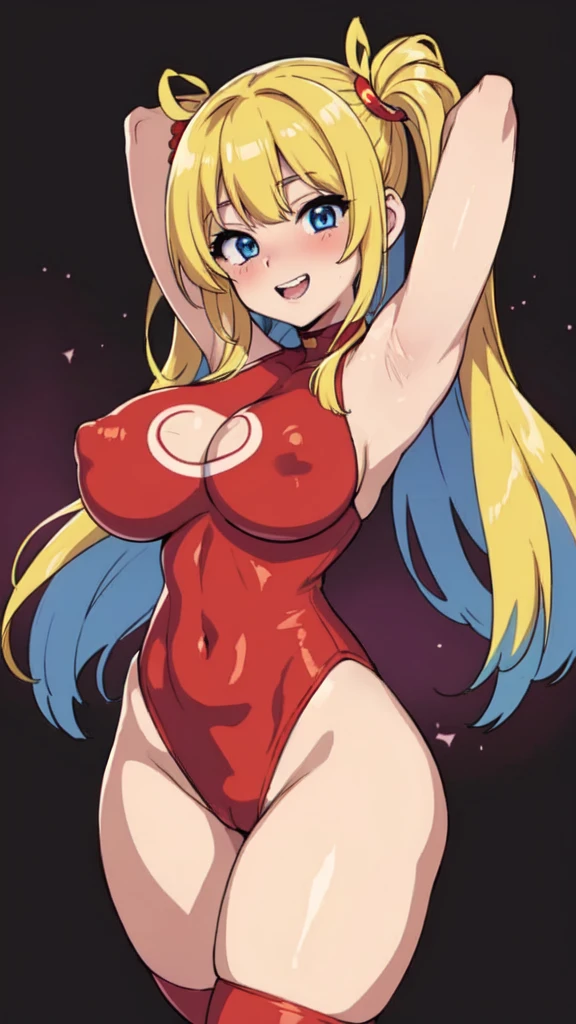 (( close、16K、Highest quality、Attention to detail、Rich skin detail, Browsing Caution))、 (Beautiful Eyes), ((Huge breasts、Armpits、Hands behind head))、 ((Blonde、Red bodysuit、Black knee socks))))、(blue eyes)、((Twin tails、Long Hair、Straight hair)),  ((blush))、(Wide Hips、Thick thighs)、((((smile、Show me your teeth、Embarrassing))))、((city))