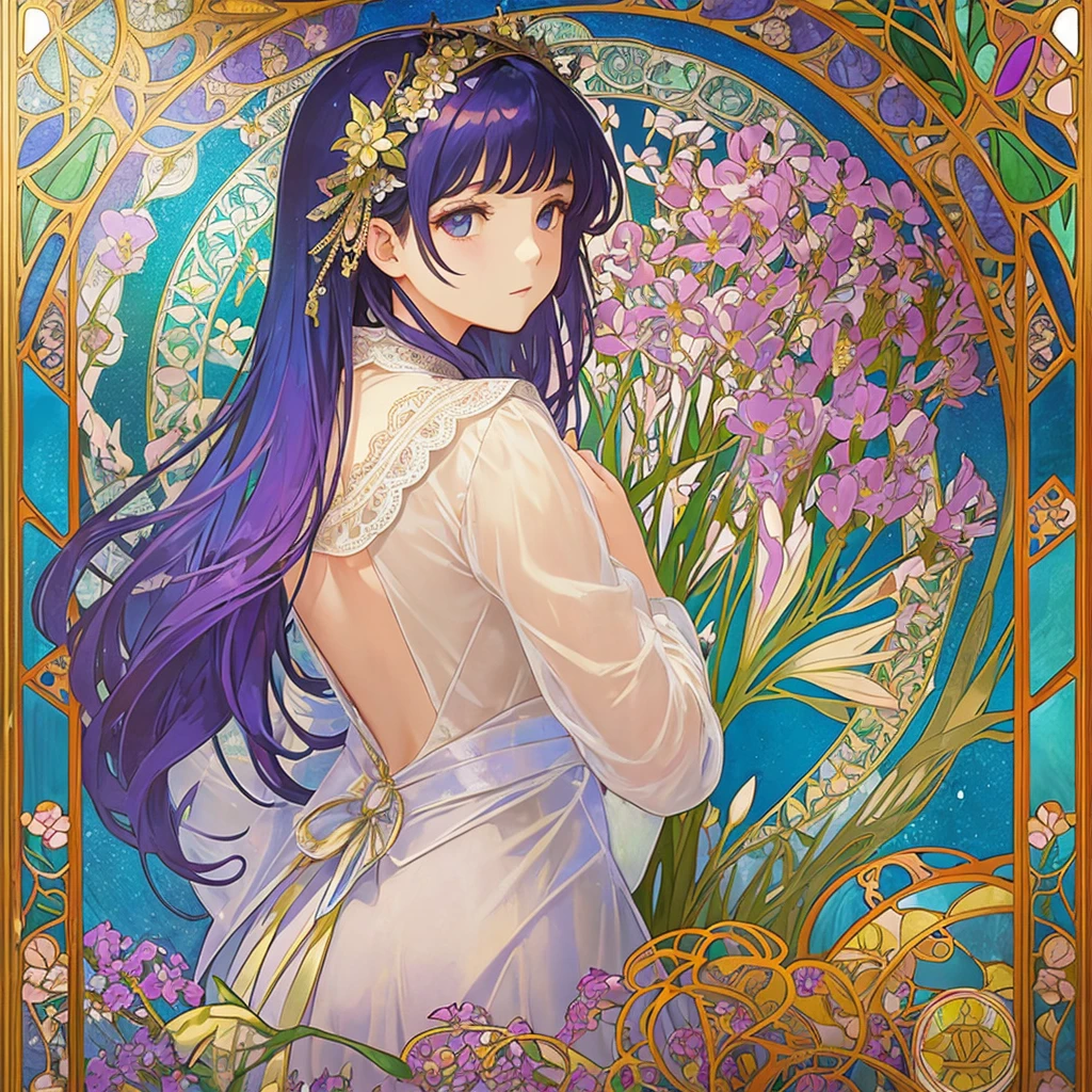 (((1 girl ))), masterpiece, highest quality, beautifully、aesthetic: 1.2, gem, Quality lace, Detailed frame, Flowers, leaf, A beautiful girl fits into the frame, Alphonse Mucha Style, Transparent and beautiful stained glass background,  rainbow colorful hair, from behind