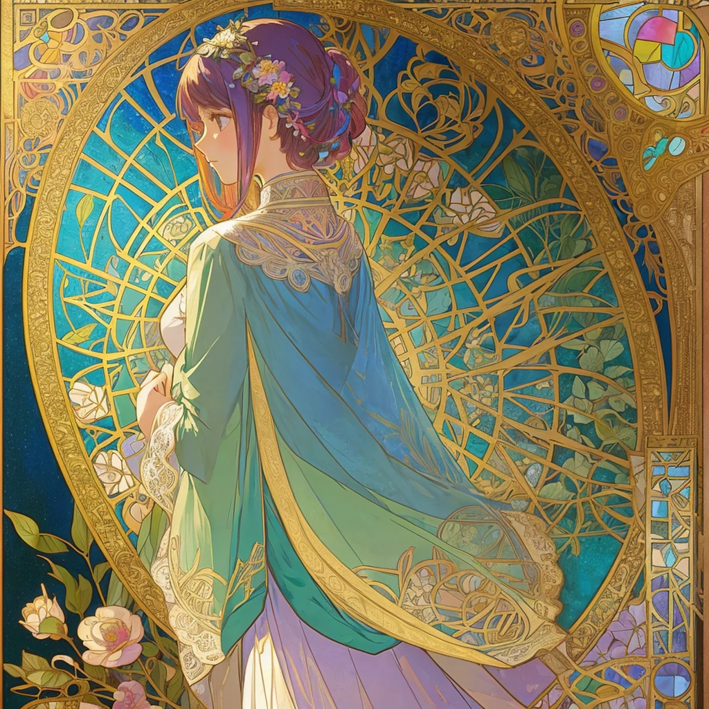 (((1 girl ))), masterpiece, highest quality, beautifully、aesthetic: 1.2, gem, Quality lace, Detailed frame, Flowers, leaf, A beautiful girl fits into the frame, Alphonse Mucha Style, Transparent and beautiful stained glass background, rainbow colorful hair, from behind