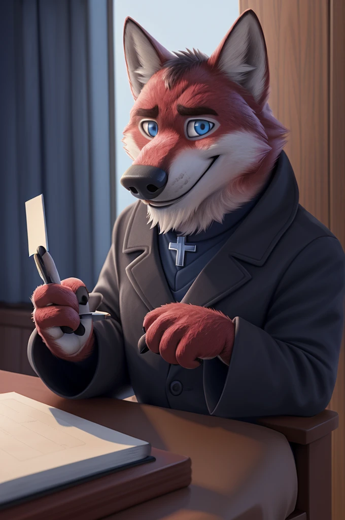 Ivan Fedorovich Wolfbach (Novosibirsk) ,tall handsome, wolf,young, 24 years, brown fur,Kind,(red body:1.3),beautiful blue eyes,Novosibirsk,dressed, Catholic priest, , wolf, detailed fur, male,paw pads, finger claws,At the viewer, 5 fingers, paws, 5 fingers, smile, wrist watch, т nextel,by xenoforge, (difficult, high detail, digital photography, soft focus, RAW variety вкдущий передачи,Very close to the camera, variety,Novosibirsk, smile, good mood, positive, Very close to the camera, is sitting, poet of books, is sitting за компьютером столом, apartment, holding a pen, 
Photorealism, realistic, digital style, Subsurface scattering,I look at the viewer,smdit writes a book, a glass of water, handle, paper, 
masterpiece, Best quality, ultra realistic, 8 thousand.)
