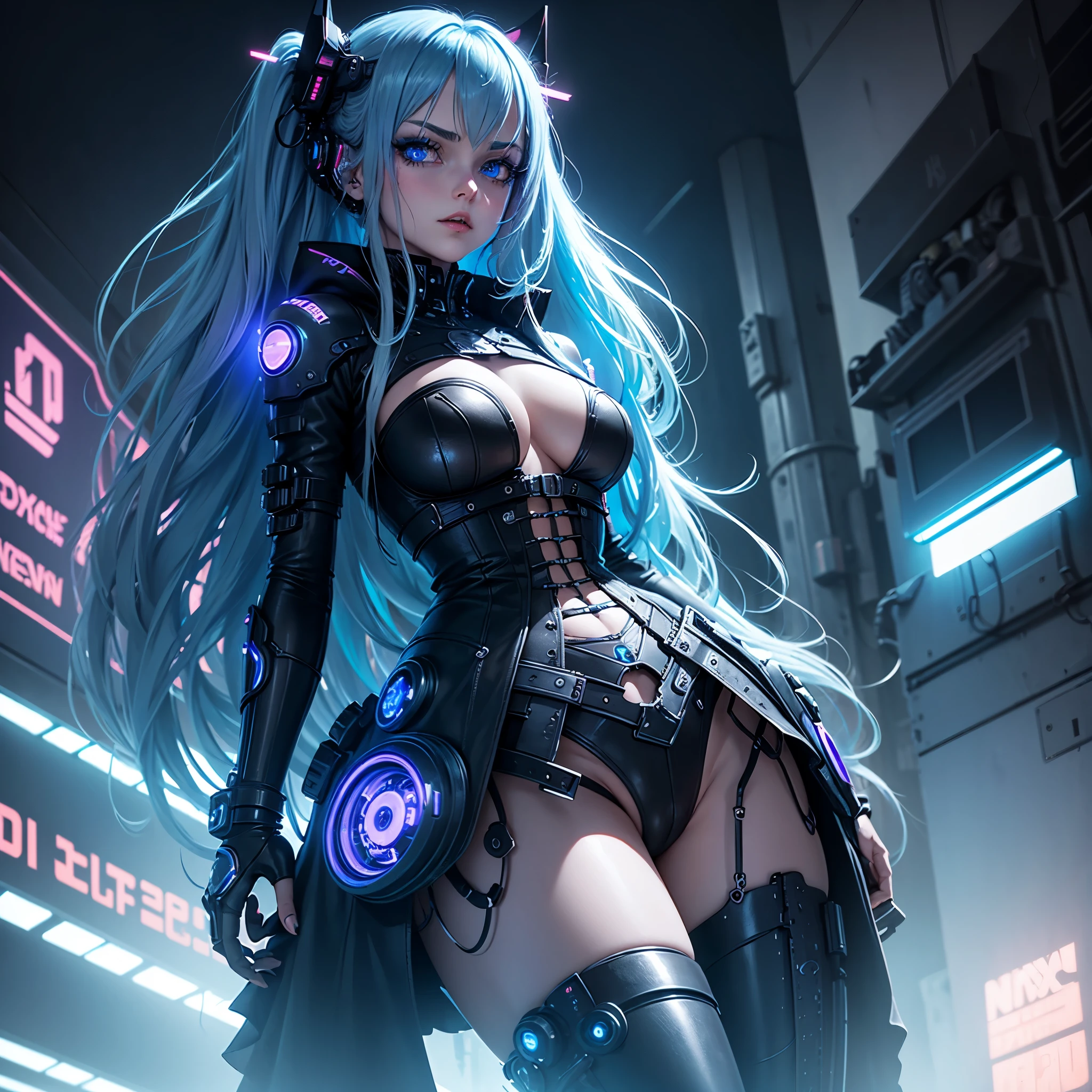 View from below, angle from below Girl Android mechanical prosthetics demonic gloomy with long blue hair woman with sexy hips half cyborg modification Beautiful sad girl blue eyes stands in full growth Anime Style black background Cyberpunk style, black background image of night black city and blue neon lights fluorescent lamps