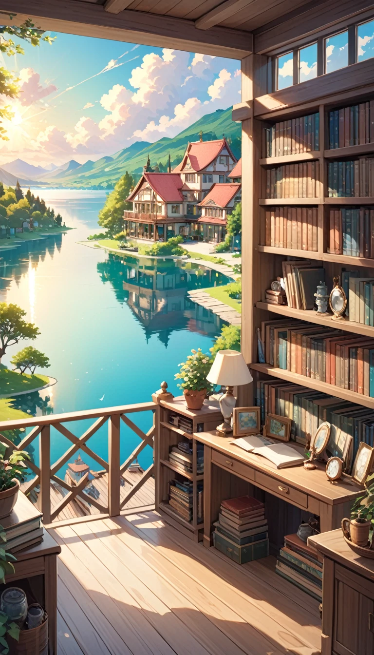 room with large bookcase, lots of detailed objects, large open terrace, beautiful views of a lake with many dreamlike houses