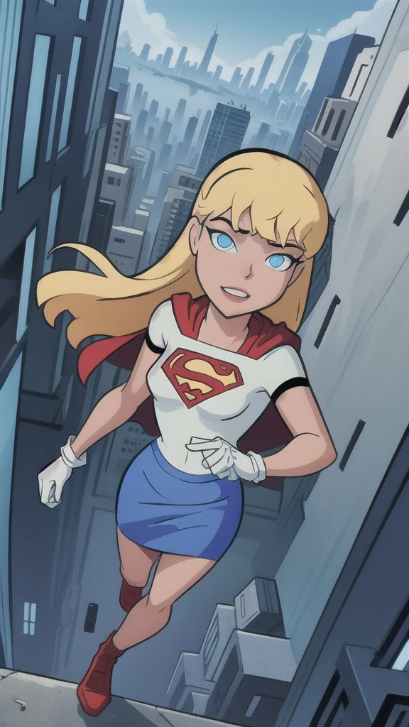 looking at viewer Artwork, best quality, 1 girl, Supergirl, blonde hair, long hair, hair tie, blue eyes, gloves, red cape, blue skirt, white shirt, blue sky, flying, city below