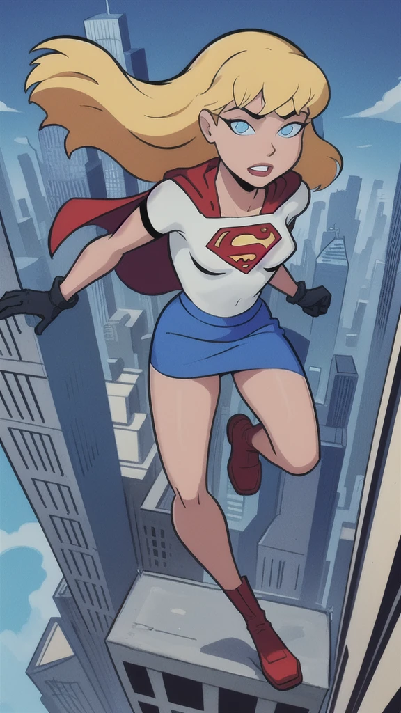 looking at viewer Artwork, best quality, 1 girl, Supergirl, blonde hair, long hair, hair tie, blue eyes, gloves, red cape, blue skirt, white shirt, blue sky, flying, city below