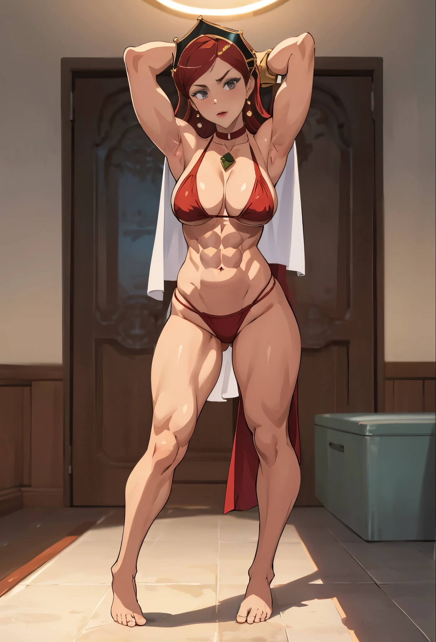 1sologirl Hilda Boreas Greyrat looking to viewer far shot view from below, standing on 1leg wearing red bikini outfit, long red hair and short white hair, long red cape, leather choker with golden bell, full body toe to head, barefeet, tiara, muscle tone body abs, navel, ARMS UP showing shaved armpits, short hair (hands behind head) grey eyes, gem, circlet, jewelry, tiara (plain background)