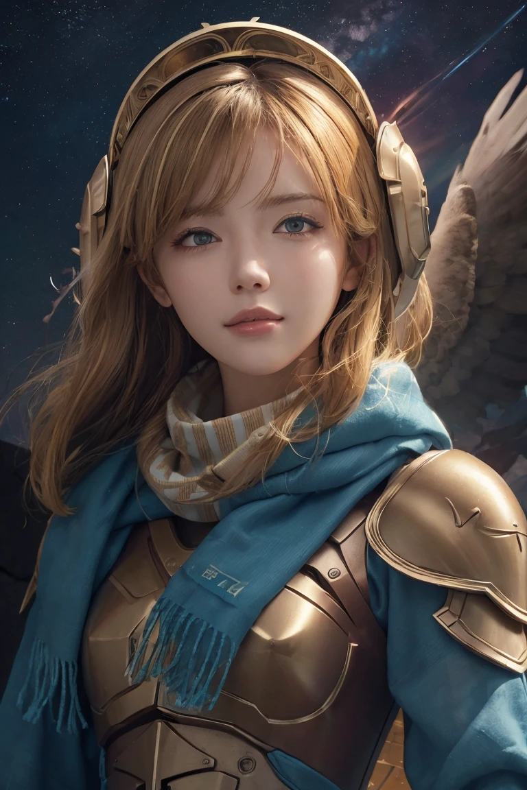 (((masterpiece))),16K,best quality, illustration, Earth, water,fire,wind,space,1 Girl,Blonde hair,Beautiful mecha,Shining Armor,Eagle Helmet,Pretty Face,scarf,Paper_cut,Not suitable for working hours