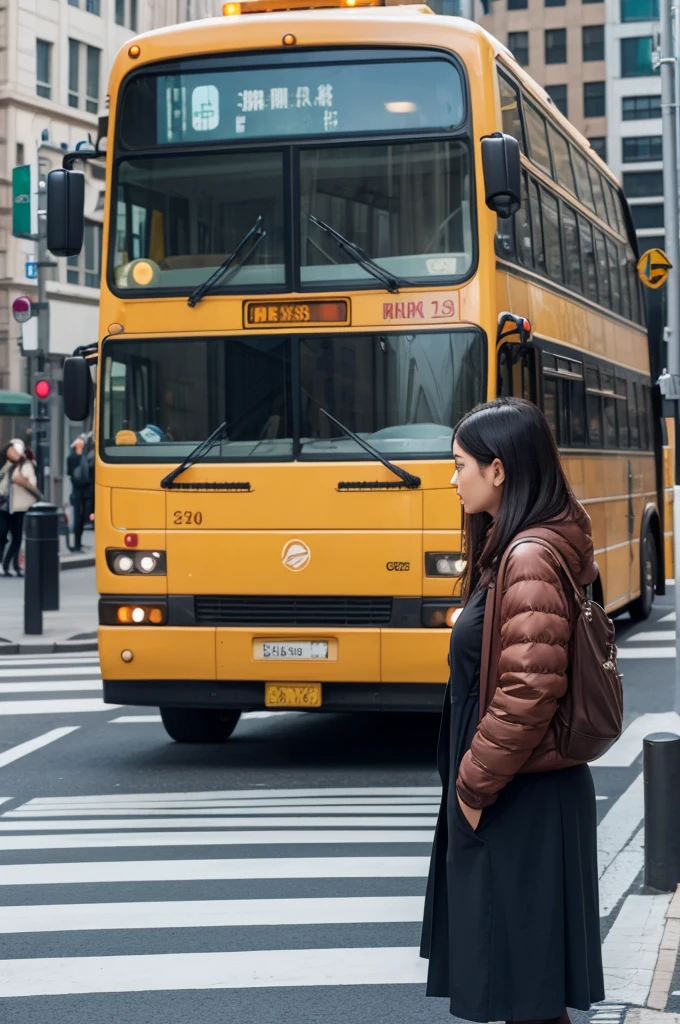 Bus driver waiting for a lady crossing the street at the pedestrian crossing