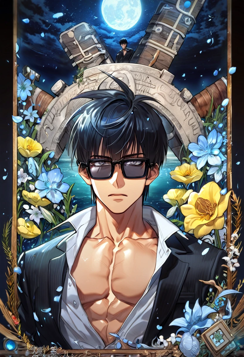 absurdres, highres, ultra detailed, HDR, master piece, Nicholas D. Wolfwood, black hair with bangs, expressive grey eyes, black sunglasses, black jacket, Trigun, sexy man, handsome, best quality, blue moon, flowers, fantasy, magical, solo, water, blue shining fireflies, grey shirt, blue petals, toned chest