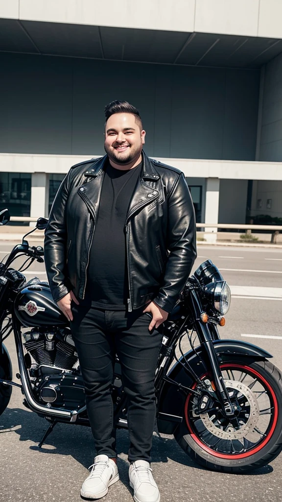 A chubby man, oval face, wearing Black leather jacket , Wear jeans, wear black shoes, is in a Highway,, with an aesthetic view, clear white lighting, is standing, smiling, Behind him is a Red Harley-Davidson motorbike , Next to him is his wife wearing a red hijab, wearing a black leather jacket, wearing jeans, wearing shoes 