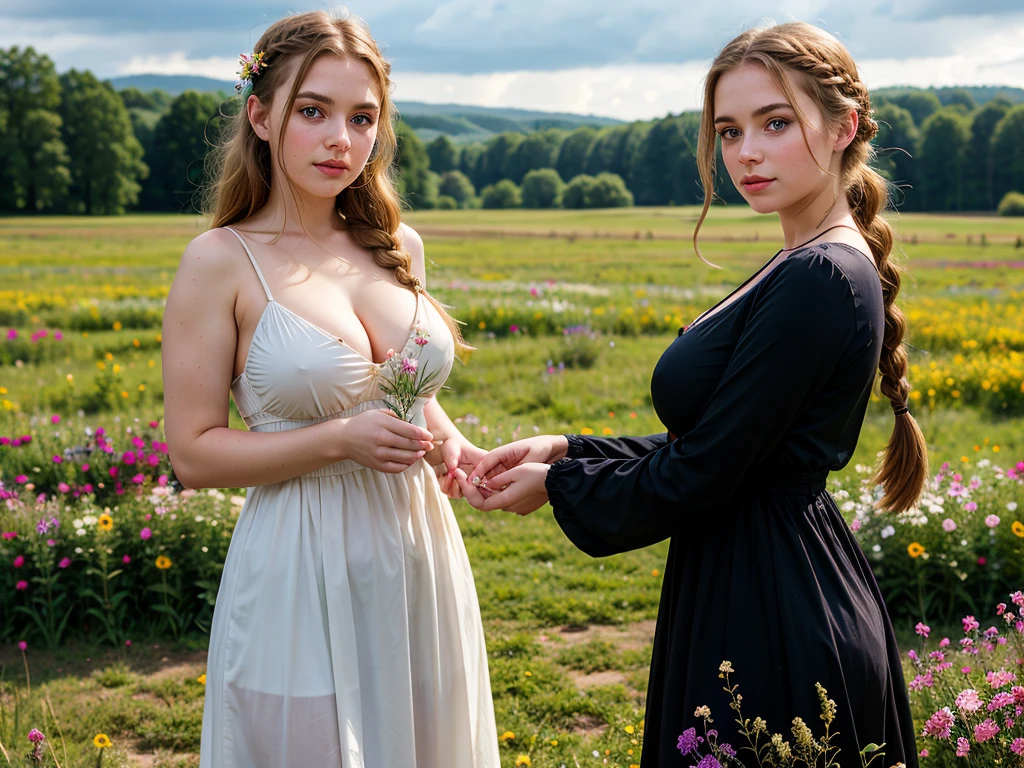 Front view, medium shot, beautiful Russian girl, country girl, curvaceous figure, large breasts, pale skin, long black braid, simple village dress, deep neckline, picking flowers in the field, cloudy day, dim light, dim colors, depth of field, bokeh