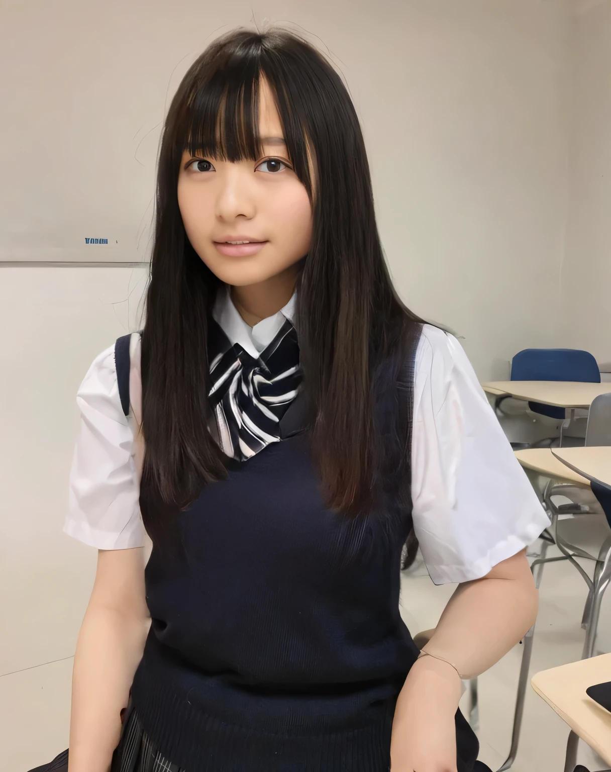 Highest quality,Super detailed,One high school girl,A high school girl sitting on a chair in a classroom,Turn slightly to the side and look at me,Wearing a short-sleeved blouse,Posing for a photo