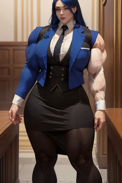 ((Massive, beautiful, buff, pale white skinned muscular woman with royal blue hair, white eyes, black lipstick, ginormous bulky muscles)), (((royal blue three-piece suit))), necktie, blazer, (((royal blue suit jacket))), (((waistcoat))), double-breasted waistcoat, (((pencil skirt))), ((pencil skirt)), tie clip, pocket square, pocket watch, pantyhose, high heels, (close view), massive muscles, hyper muscles, long curly wavy hair, in an courtroom, 