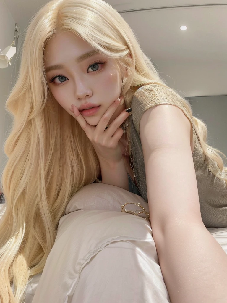 a close up of a woman with long blonde hair laying on a bed, ava max, with long blond hair, with long white hair, korean girl, with white long hair, beautiful south korean woman, very very pale blond hair, heonhwa choe, gorgeous young korean woman, ulzzang, roseanne park of blackpink, extremely pale blond hair