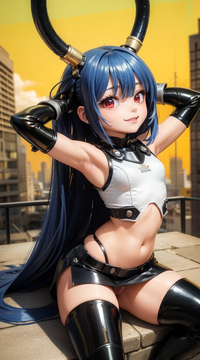 (cabello despeinado), (illustration), retrato, (fondo de ciudad futurista), (arms behind back), Cintura delgada, gran sonrisa, abdominales fuertes, chica delgada, strong abs, muscle girl, front pose, big thighs, focus on face, flat chested, large city background, blue hair, red eyes, skirt, sit on rock, detailed vagina, nude, heavy armor suit