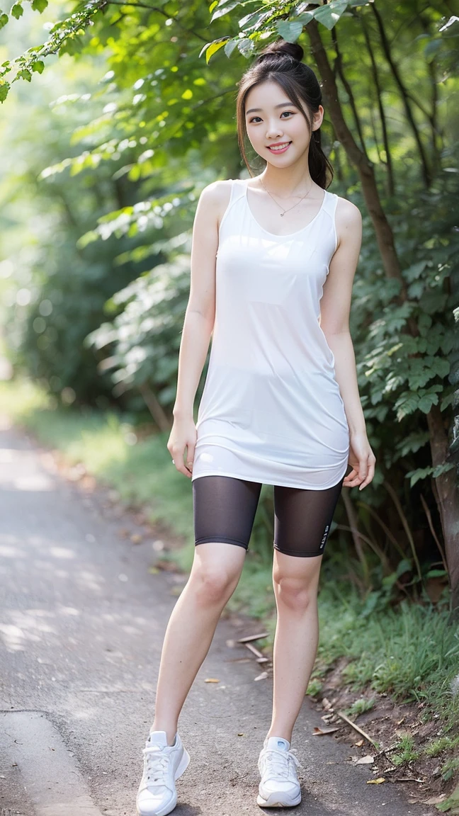 masterpiece, best quality, Surreal, Ultra Detailed, 8k resolution, RAW photos, Clear focus, (A girl in the forest), ((((Shift Dress:1.1)，sports Shorts,Full body posture, Solitary, Perfect body, Become a, 32 inches in the chest,(a charming smile:1), (sexy pose)，26 years old, light,White shoes
