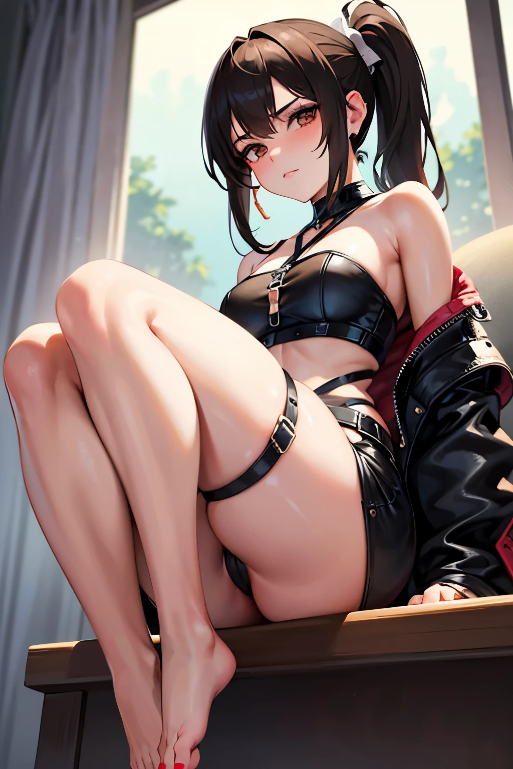 Make a cute girl with medium sized a big ass and thighs who is skinny sitting on a bid bed. She wears a black leather harness and looks seducing and dominating at me. Her skin is white and she has brown hair and brown eyes. She is barefoot and has beautiful toes painted with white nail polish. She sits in a dominant pose and looks down on me. Her hair is on a tight ponytail.
