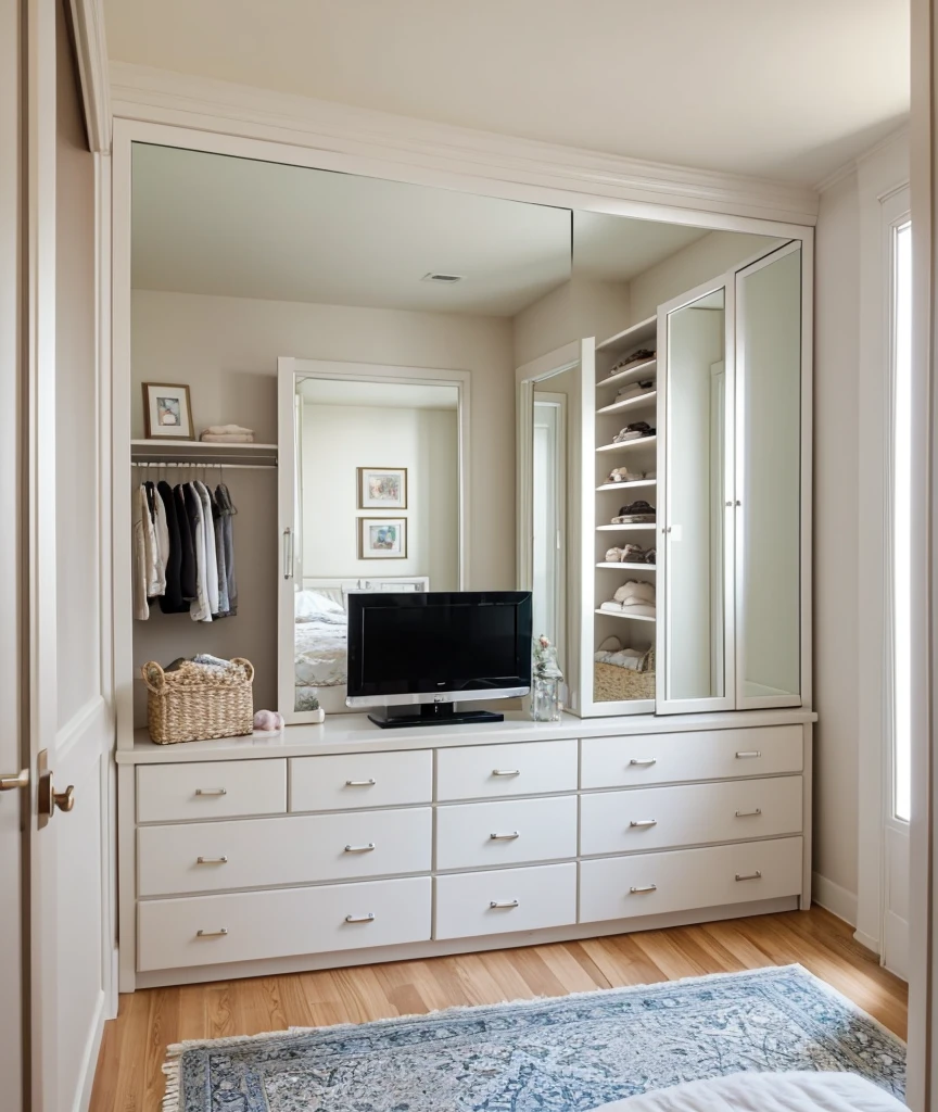 a room with a glass window a big soft bed with a teddy bear,un closet ,a white dresser and a television and a large mirror