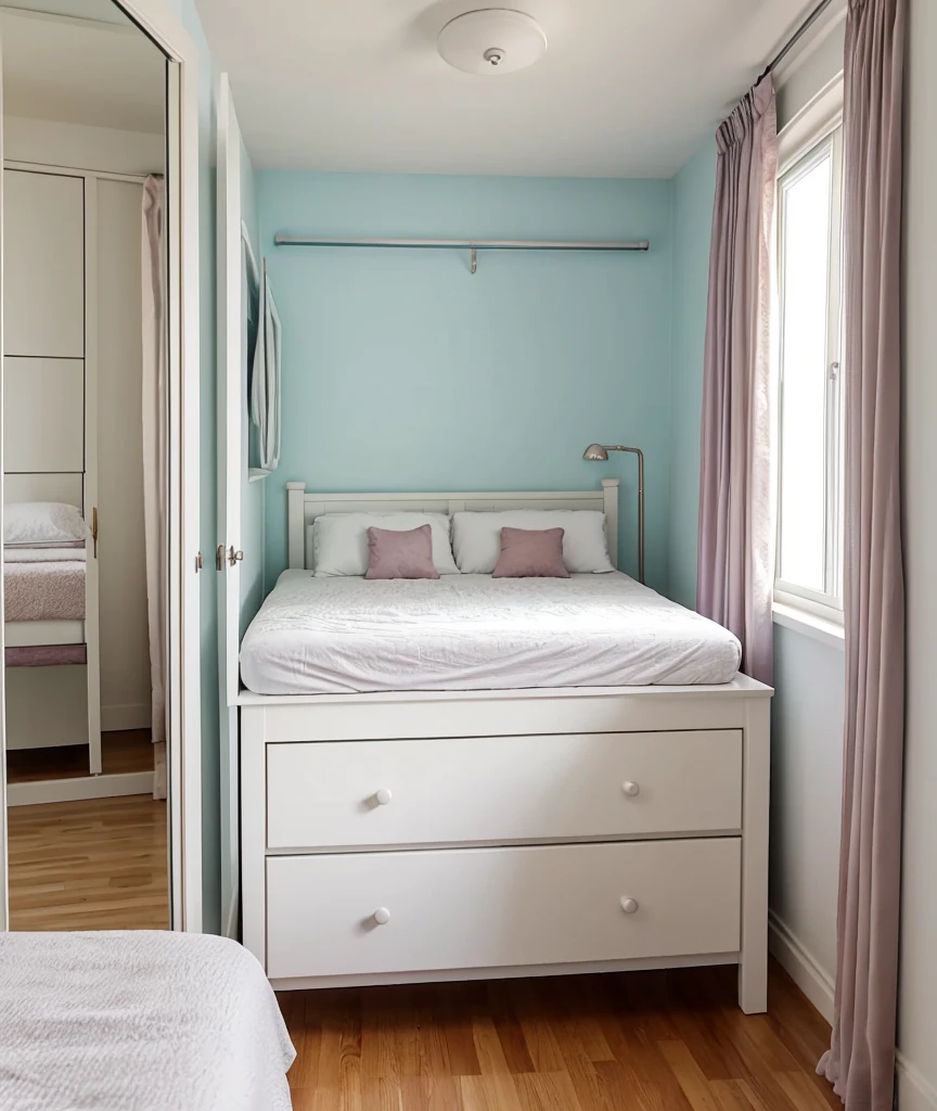 a room with a glass window a big soft bed with a teddy bear,un closet ,a white dresser and a television and a large mirror