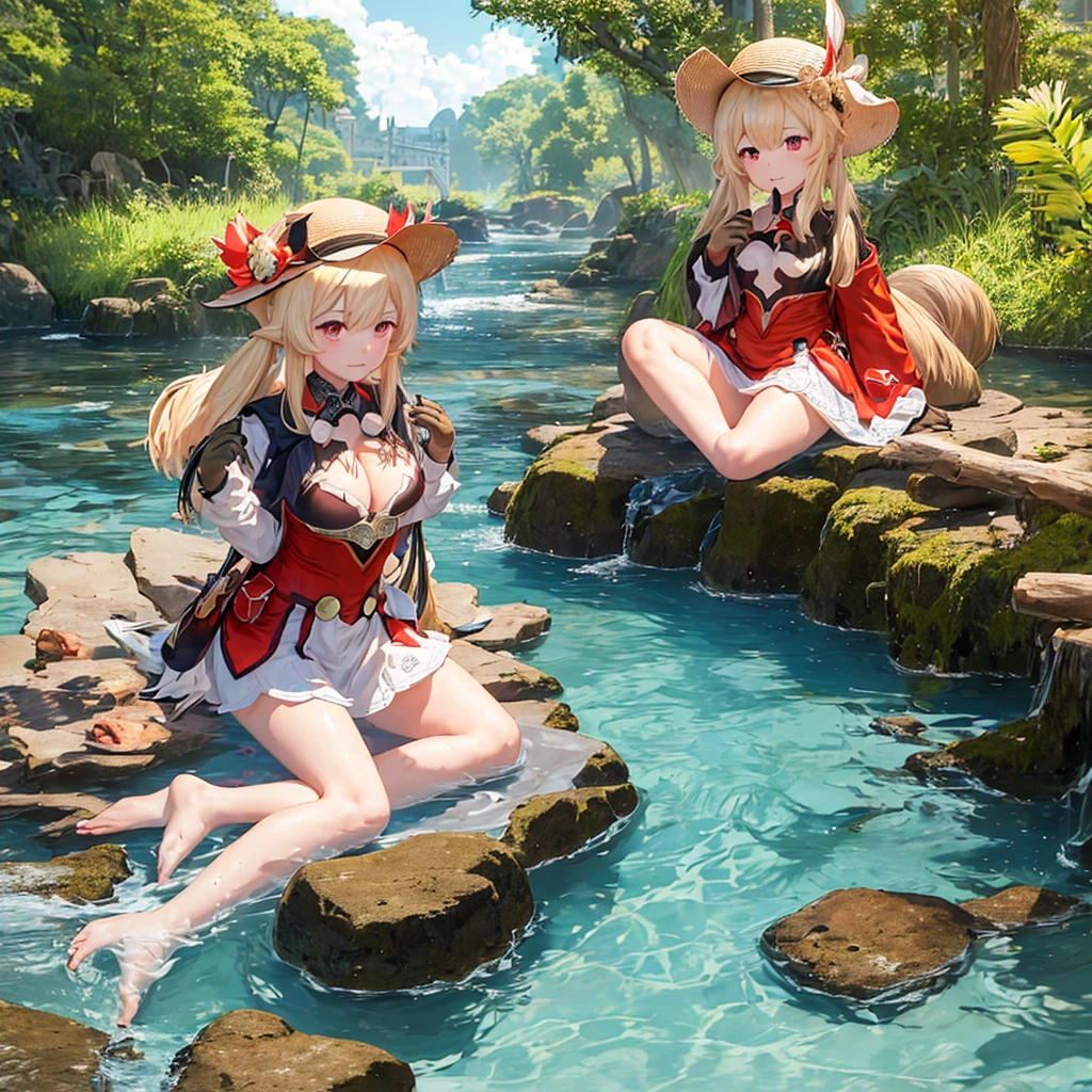 Anime girl sitting in the water wearing a hat, anime drawing of Yang Jay, PIKIV, Fantasy art, splash art anime , , Ayaka Genshin Impact, from the video game Azur Lane, yoshitakka amano karol bak, of desires, Ayaka game genshin impact