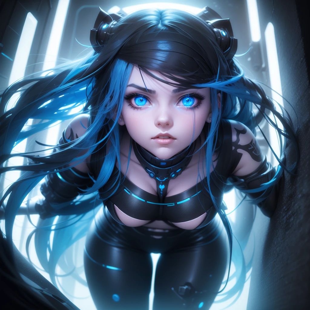View from below, angle from below Girl Android mechanical prosthetics demonic gloomy with long blue hair woman with sexy hips half cyborg modification Beautiful sad girl blue eyes stands in full growth Anime Style black background Cyberpunk style, black background image of night black city and blue neon lights fluorescent lamps