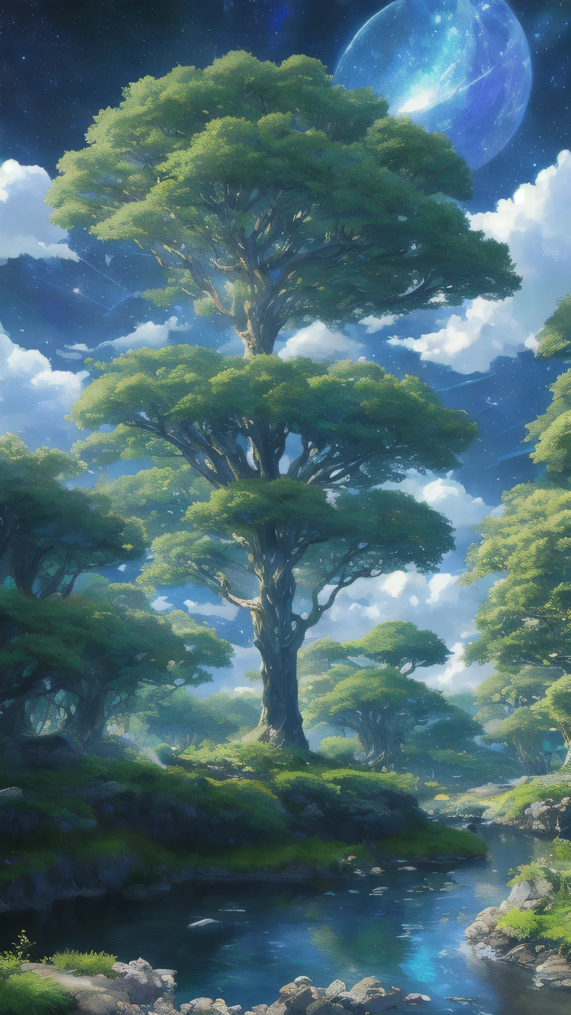 Illustration of a hyperrealistic , Otherworldly, Ultra Sky Scene,Features a giant crystal tree,Very detailed and magical lighting, Intricate forest details, Surrounding vegetation and rivers, Solar Punk ,landscape, Giant Tree, Beautiful leaves,Beautiful lighting and realistic proportions, Just like the background, 8K, best quality, masterpiece, Clouds and stars in the sky.