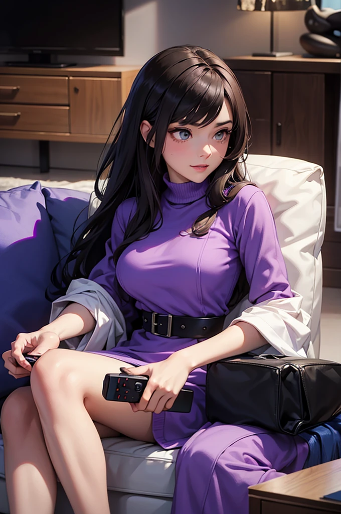 A young woman with long, dark hair and striking eyes, wearing a light purple, form-fitting dress, sitting on a couch in a stylish apartment. The living room has a cozy and modern look with a large TV and gaming setup. She has a confident and playful smile, holding a game controller. A young man, looking nervous and flustered, sits next to her with his own controller. The atmosphere is casual but charged with an intense dynamic, as she teasingly leans closer to him.