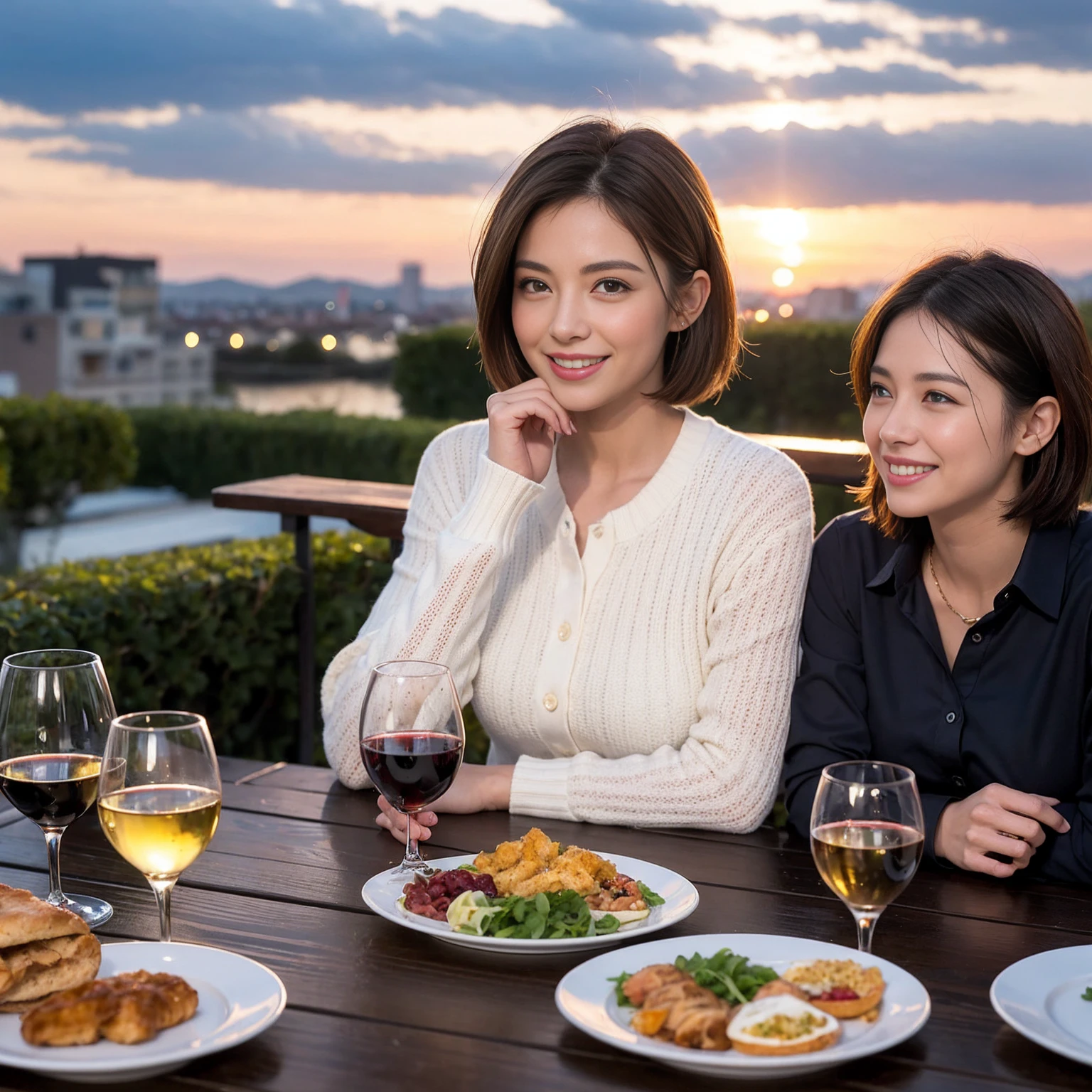 ((Highest quality、8K、masterpiece:1.3))、 (Ultra-realistic、 Genuine、Bright image、Intricate details:1.2), 最高のsmile、1 male、1 female、Beautiful couple、love love love、Roman Lovers、Good friends、actress couple、smile、Full-course dinner at a packed table、 (Slim face), (the body is slim), (Brown Hair), (short hair), テーブルのwine glass、Please shine a light on my face、 Amazing view of the sunset sky and clouds、35 years old 39 years old, red wine 、Appetizers、Wine bottle、sparkling wine、Long sleeve shirt、dress、White wine, red wine, wine glass,