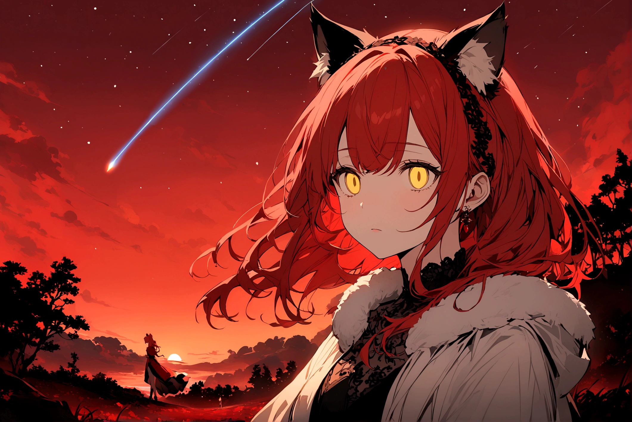 Red-haired girl, Yellow eyes, cat ears, cold and dead eyes looking at the red sky, a shooting star and a red dragon passing by