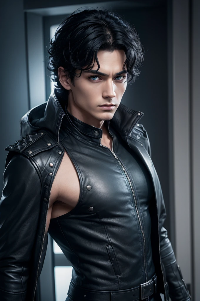 Son of Superman and Wonder Woman. short curly black hair, 30years, greyish blue eyes. Uniform in dark colors and black leather jacket with spikes. comic book style.
