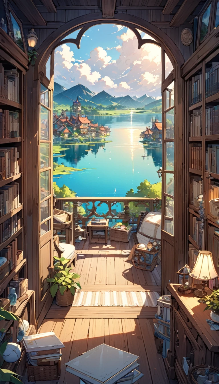 room with large bookcase, lots of detailed objects, large open terrace, beautiful views of a lake with many dreamlike houses