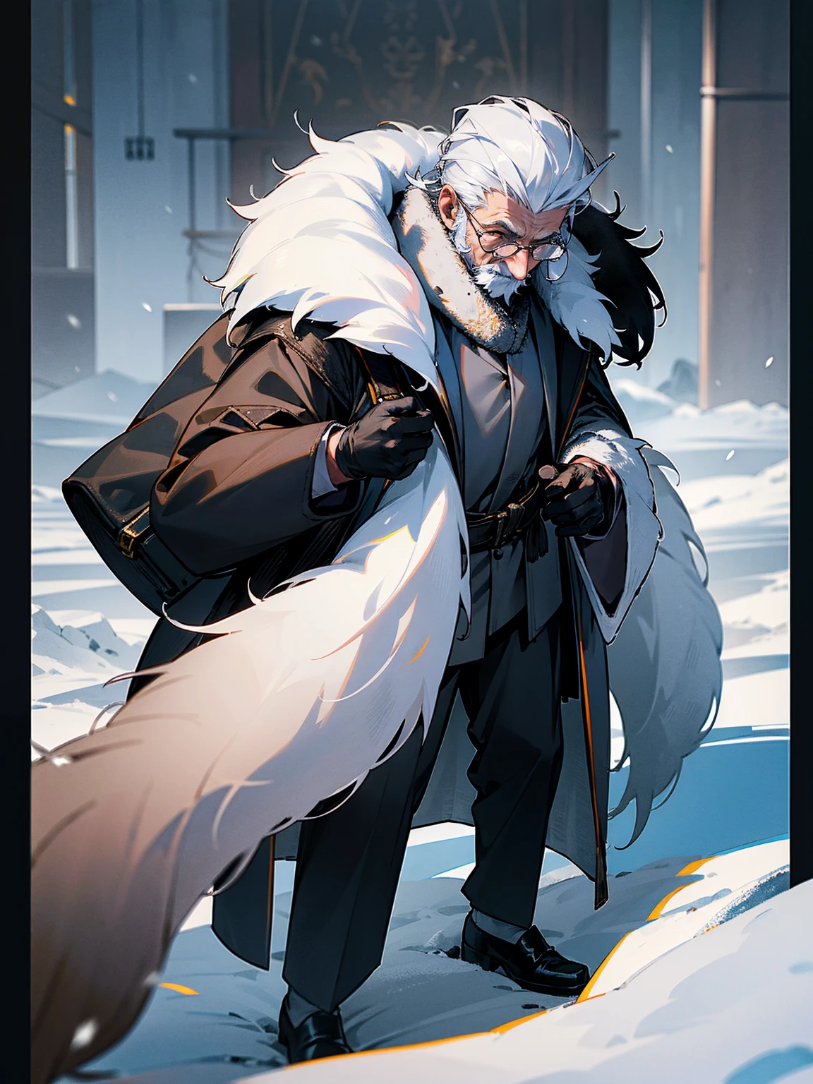 1male, grey hair, old man, age lines, fur coat, snow, black gloves, bag