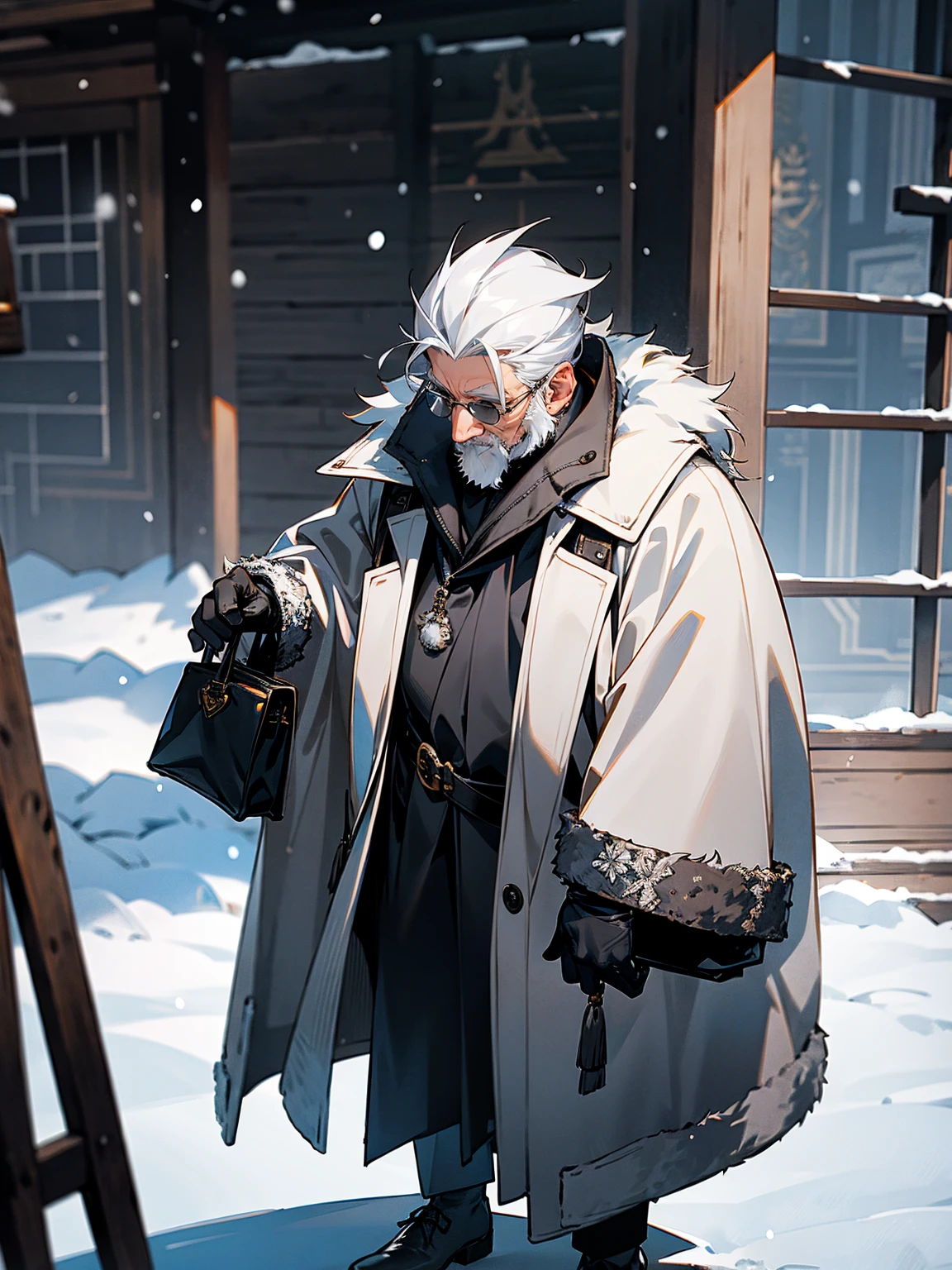 1male, grey hair, old man, age lines, fur coat, snow, black gloves, bag