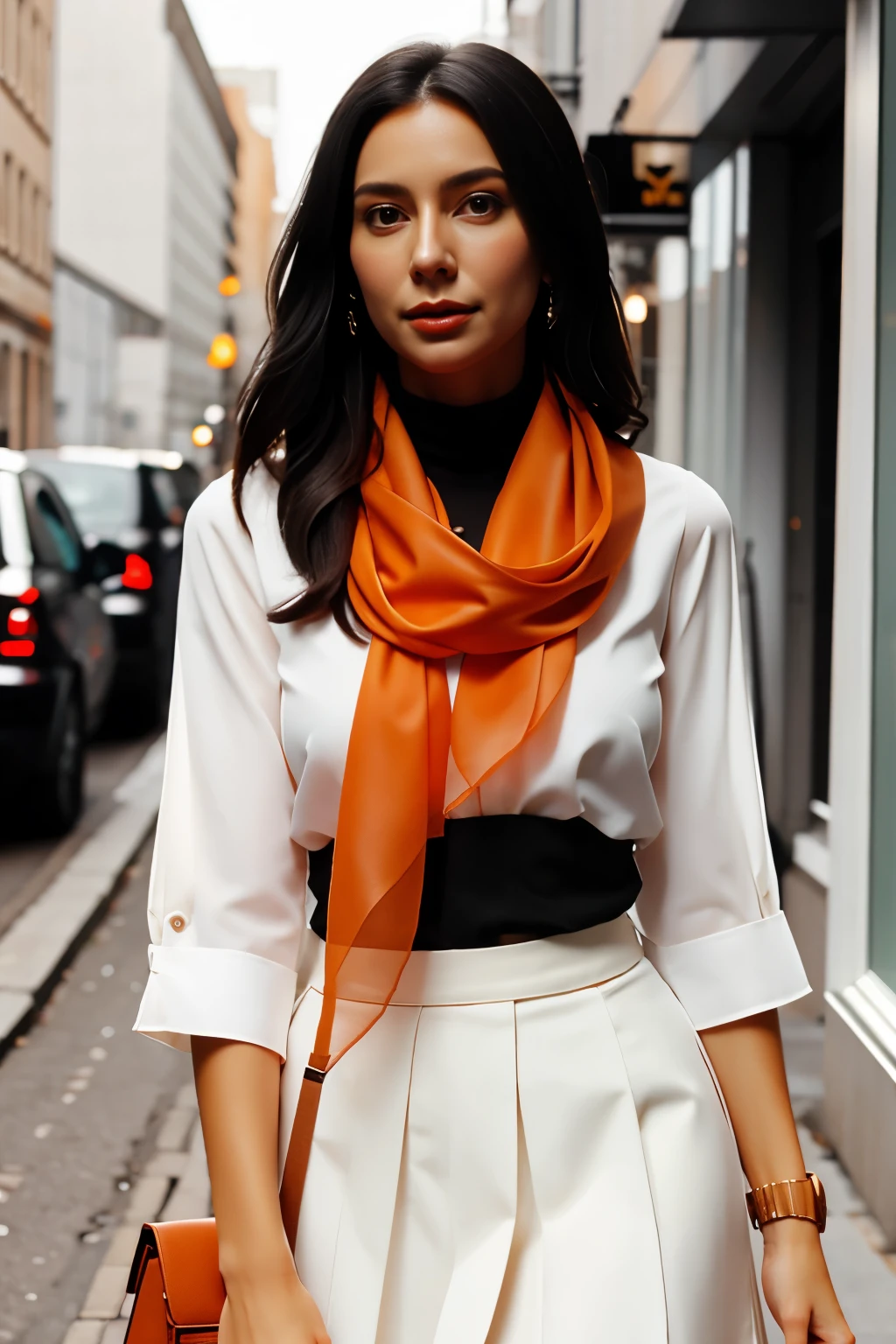 I, black skirt, white blouse and orange neck scarf