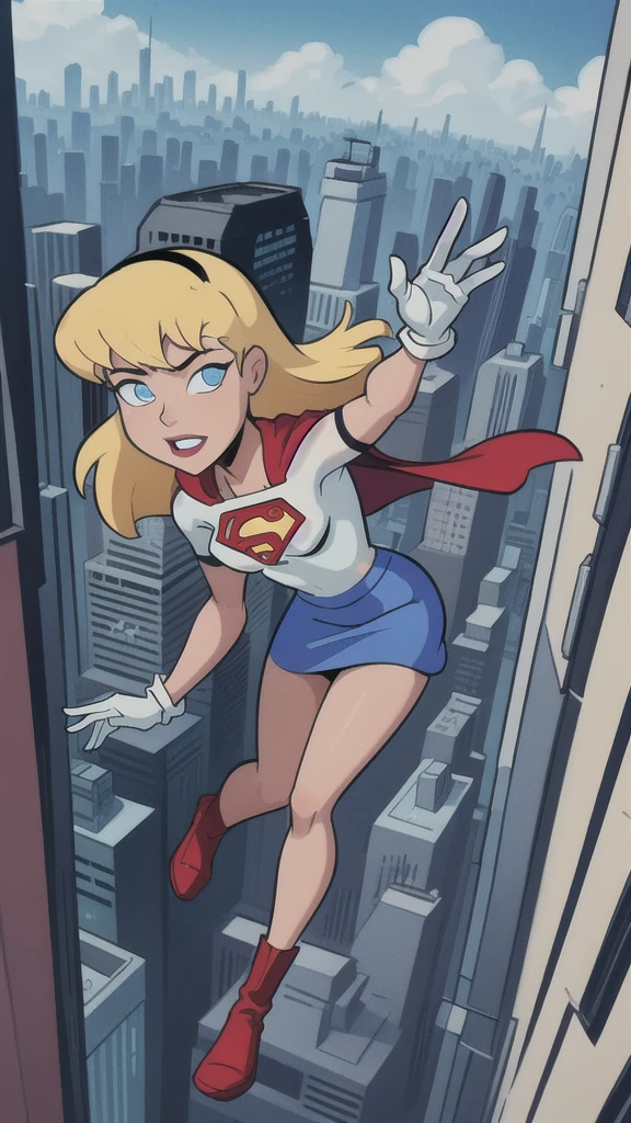 looking at viewer Artwork, best quality, 1 girl, Supergirl, blonde hair, long hair, hair tie, blue eyes, gloves, red cape, blue skirt, white shirt, blue sky, flying, city below