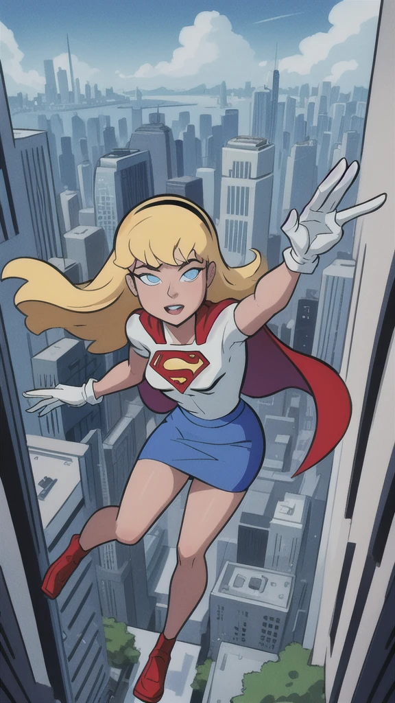 looking at viewer Artwork, best quality, 1 girl, Supergirl, blonde hair, long hair, hair tie, blue eyes, gloves, red cape, blue skirt, white shirt, blue sky, flying, city below