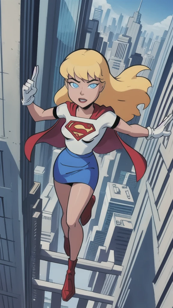 looking at viewer Artwork, best quality, 1 girl, Supergirl, blonde hair, long hair, hair tie, blue eyes, gloves, red cape, blue skirt, white shirt, blue sky, flying, city below