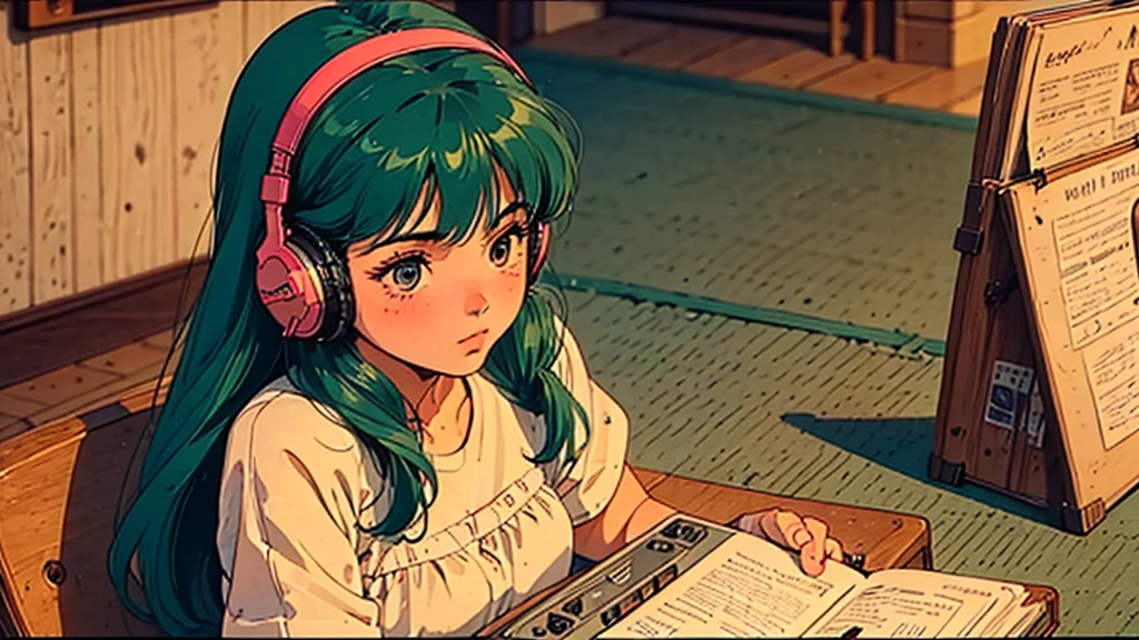 1 Girl, 80s anime style, I have headphones on, Retro, Lo-Fi, cassette tape