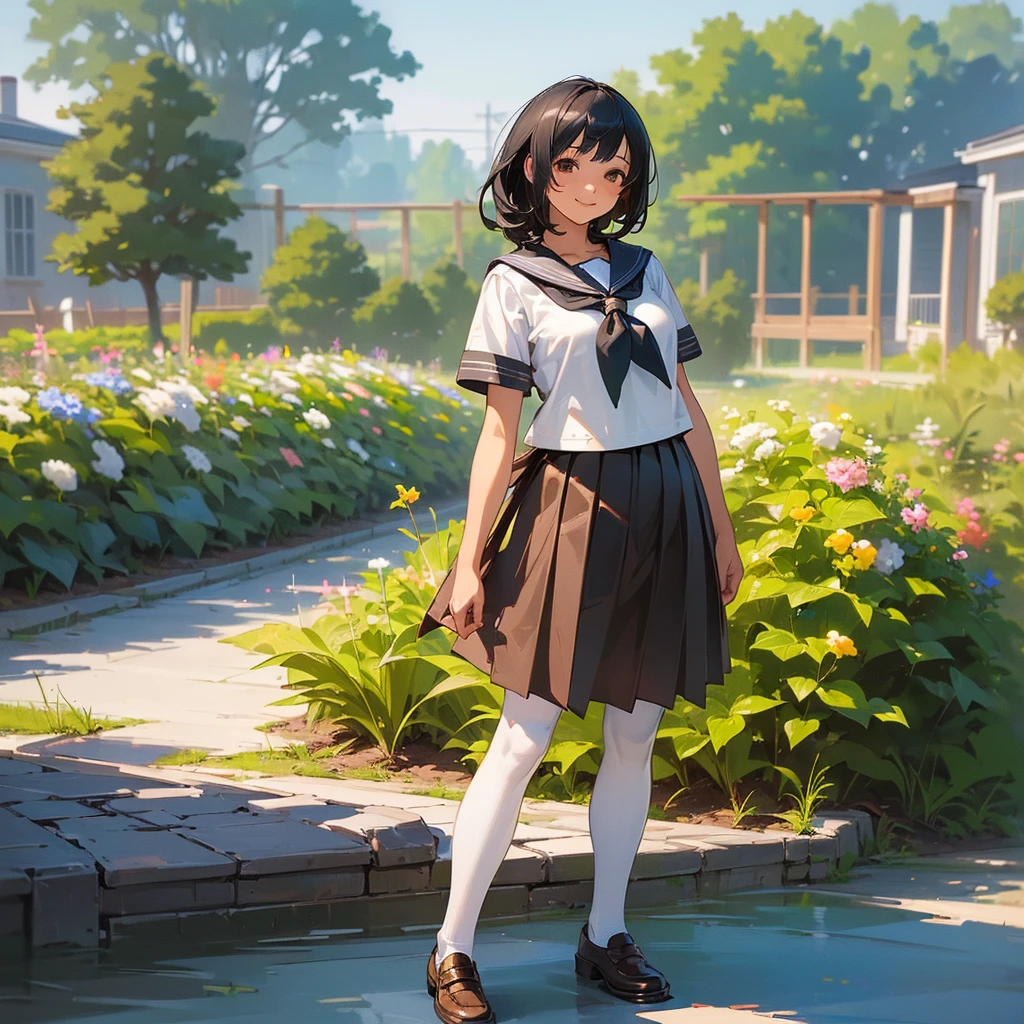 (Highest quality, High resolution, Super detailed, Realistic:1.37), Peaceful atmosphere, (Outdoor, garden), Teenage girl standing alone,(my breasts are big.),Beautifully detailed features, Cute Smile, ((Black bob hair)),Short-sleeved sailor uniform, Pleated skirt,Black tights,Brown leather shoes.