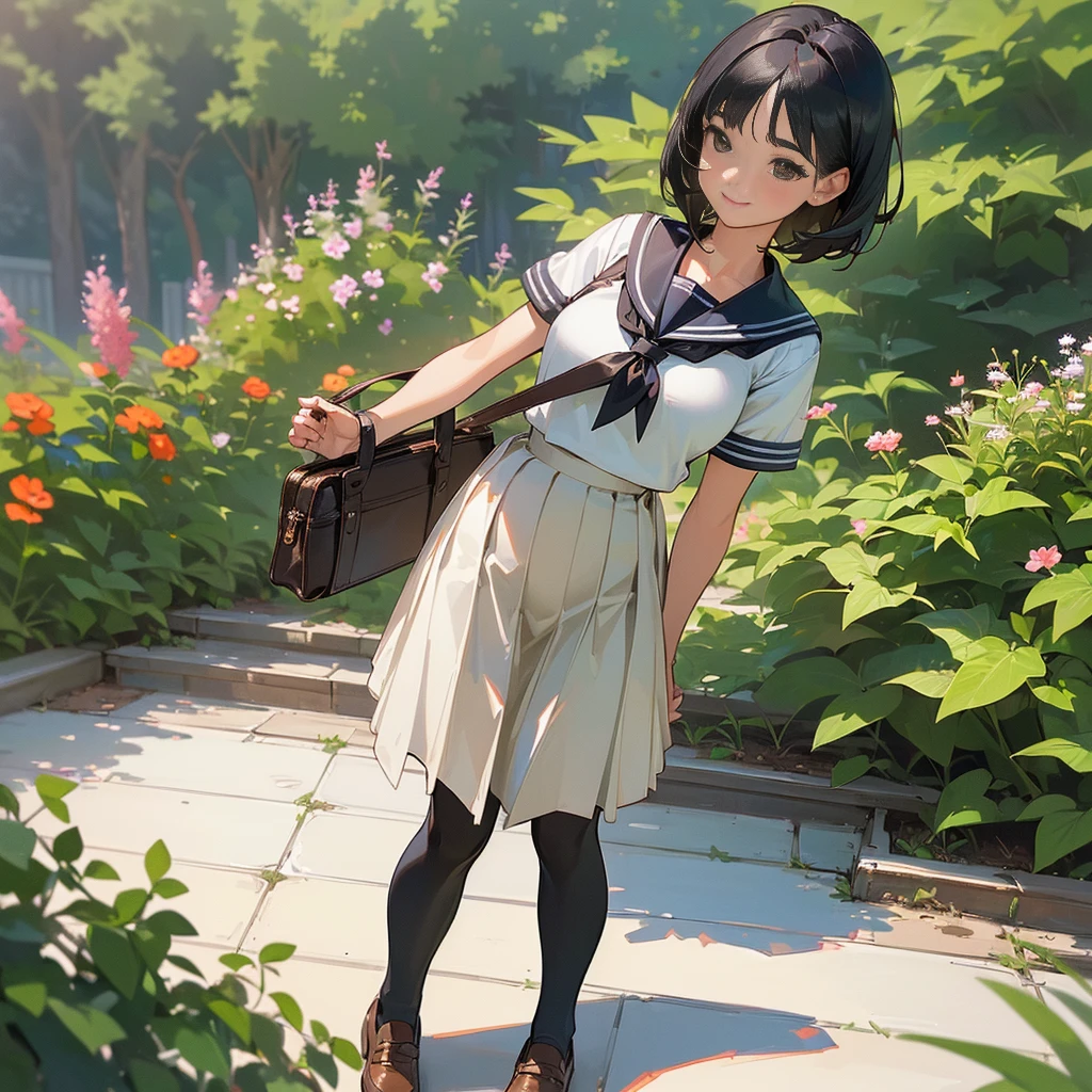 (Highest quality, High resolution, Super detailed, Realistic:1.37), Peaceful atmosphere, (Outdoor, garden), age girl standing alone,(my breasts are big.),Beautifully detailed features, Cute Smile, ((Black bob hair)),Short-sleeved sailor uniform, Pleated skirt,Black tights,Brown leather shoes.