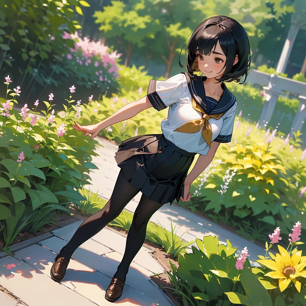 (Highest quality, High resolution, Super detailed, Realistic:1.37), Peaceful atmosphere, (Outdoor, garden), age girl standing alone,(my breasts are big.),Beautifully detailed features, Cute Smile, ((Black bob hair)),Short-sleeved sailor uniform, Pleated skirt,Black tights,Brown leather shoes.