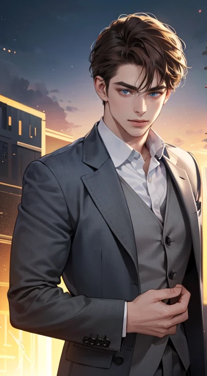 masterpiece, best quality, realistic, 1man, mature male, quiet and charming man, 30 years old, close his eyes, expression smile in love, extremely detailed face, ((dark grey blue eyes)), ((short-right-swept dark brown hair)), [thick eyebrows], detective, plain background, ((suit)), cinematic lighting, looking at the audience, posture dynamics