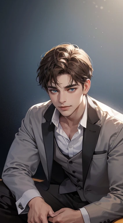 masterpiece, best quality, realistic, 1man, mature male, quiet and charming man, 30 years old, close his eyes, expression smile in love, extremely detailed face, ((dark grey blue eyes)), ((short-right-swept dark brown hair)), [thick eyebrows], detective, plain background, ((suit)), cinematic lighting, looking at the audience, posture dynamics