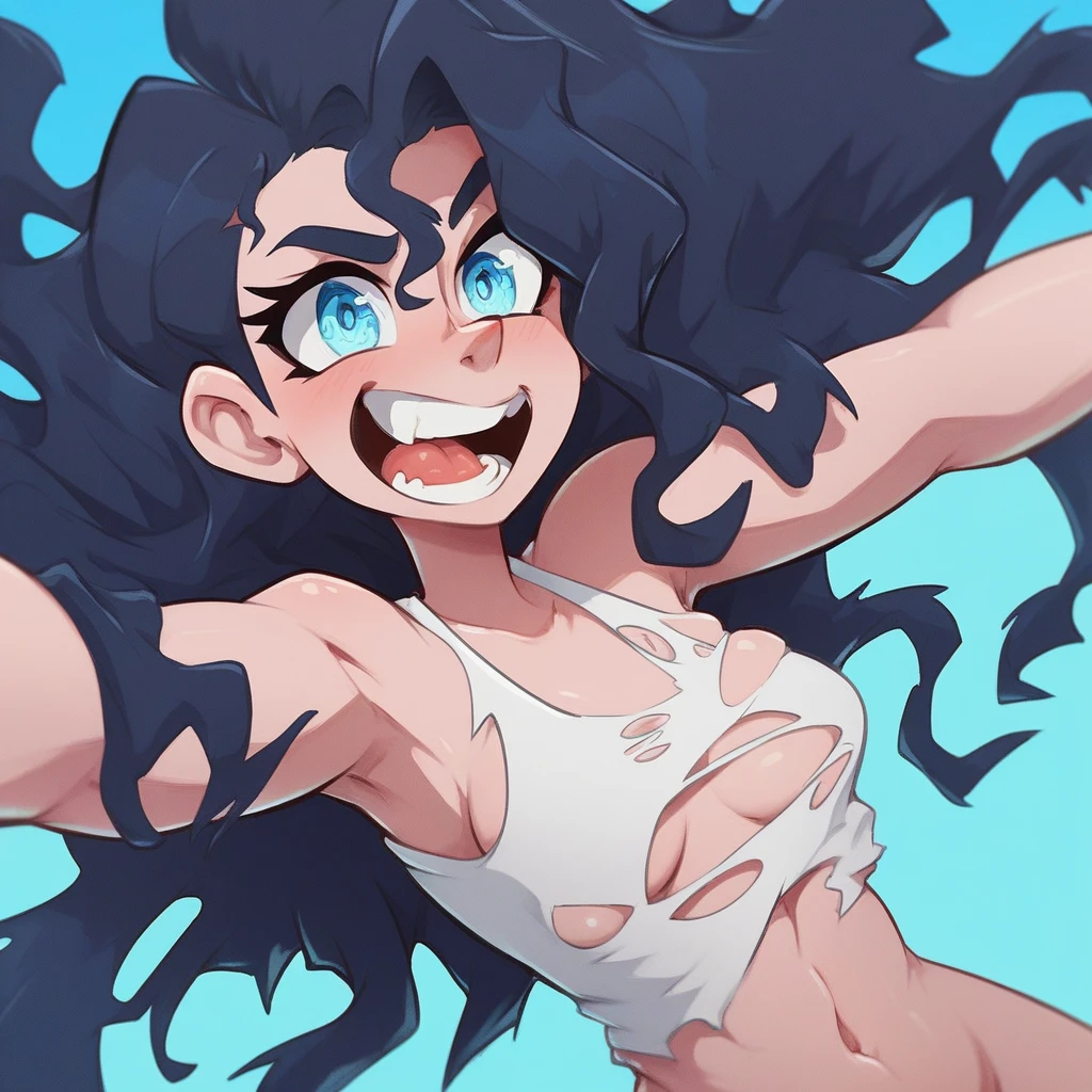 Ralph Bakshi Style, Curvy blue eyed girl with long wavy black hair and small , nudity1xtreme nsfw)2.5, torn tanktop, (tits out)1.5,d