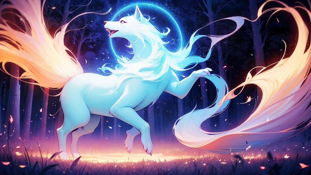 1 Big Wolf, mythical creature, nine tails, (glowing eyes:0.9), red fur, elegant posture, (spiritual aura:1.2), flowing mane, (floating in the air:1.3), mysterious, (wisdom:1.1), seductive, (enchanted forest background:1.4), moonlit night, magical, ancient, (ethereal glow:1.2), (translucent tails:1.1), mythical powers, (misty atmosphere:0.8), divine, (celestial beings:1.3), (fierce protector:1.2), alluring, (fading into shadows:0.9).