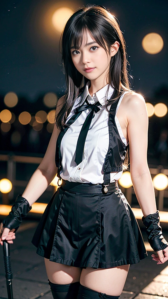 (8K, best quality, masterpiece: 1.2), (Practical, Reality: 1.37), Super Detail, A girl, Lovely, Solitary, (Tifa Lockhart), (Small Breasts), (漂亮的Eye), (Smile: 1.2), (closure), posture, dance, neon, city View, Depth of Field, Dark intense shadows, Clear focus, car, Motion Blur, 摩托car, Depth of Field, work, Glowing green, Final Fantasy VII, date, (nose brush), single Elbow pads, Ankle boots, Black Hair, Black skirt, black thighs, Red boots, Elbow gloves, Elbow pads, Fingerless gloves, Tight shirt, Good exercise, (suspender Black skirt), thigh, White vest, whole body, Headrest, Lips, Pretty Face, Low-tied long hair, (Red_Eye)), Flowers, (night: 1.3), complicated, Bokeh, light, Photon Mapping, Radiosity, Physically Based Rendering, (Tetsuya Nomura style)