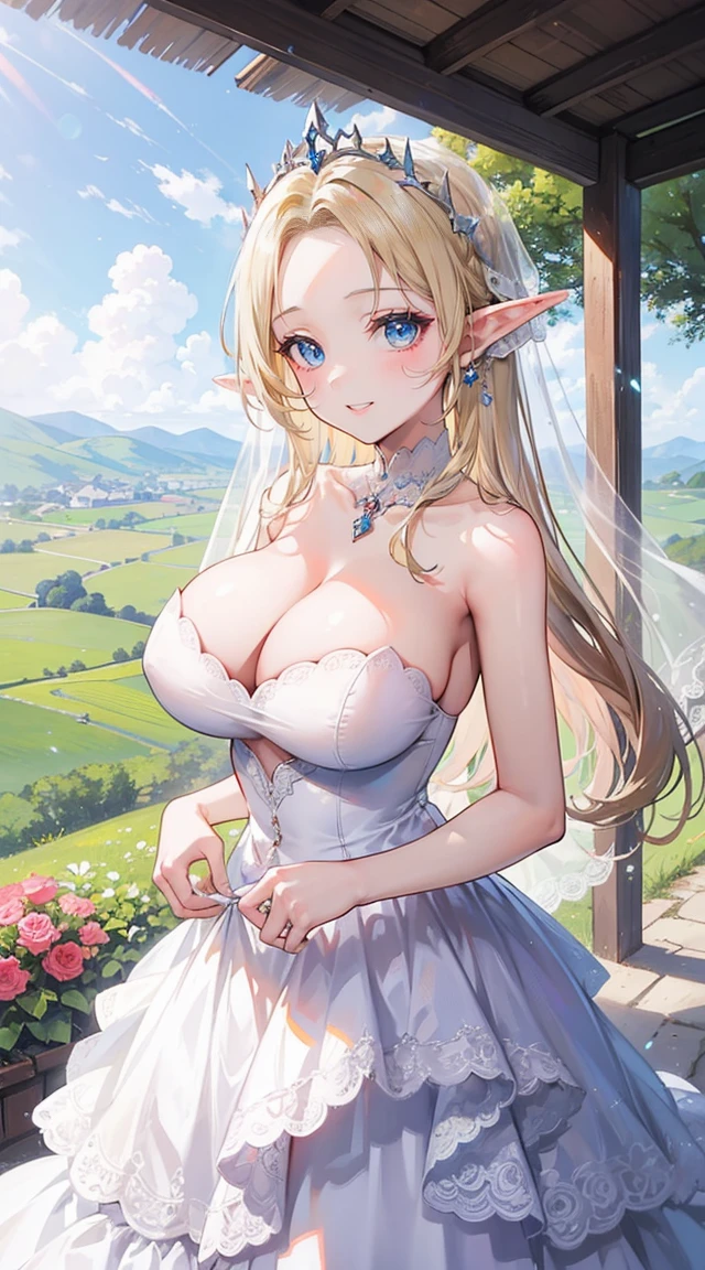 beautiful woman,Folk Girl,blonde with blue eyes,Twist,Wear a strapless wedding dress with no straps.,countryside,countryside,beautiful scenery,European Middle Ages,smile with teeth,forehead,forehead exposed,,rift, (Elf Princess)