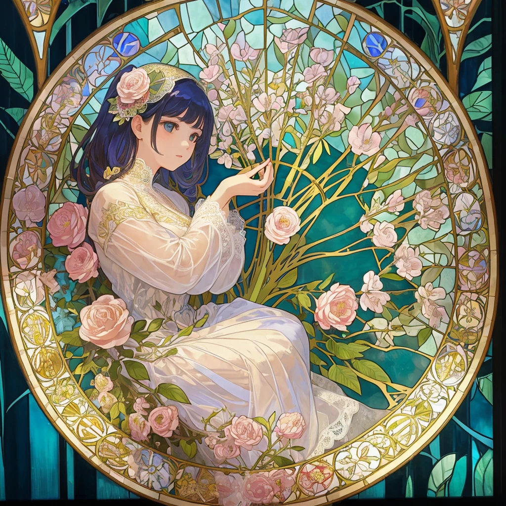 (((1 girl ))), masterpiece, highest quality, beautifully、aesthetic: 1.2, gem, Quality lace, Detailed frame, Flowers, leaf, A beautiful girl fits into the frame, Alphonse Mucha Style, Transparent and beautiful stained glass background, colorful hair
